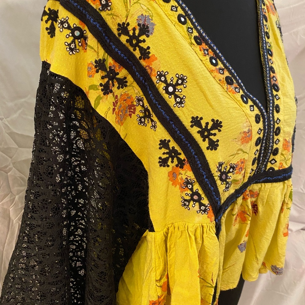 Free People Yellow Floral Blouse with Black Lace - Picture 9 of 11